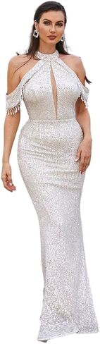 فستان Lin Lin Q نسائي رسمي طويل مزين بالترتر للحفلات الراقصة، فستان حورية البحر بدون ظهر مزين بشراشيب in Kuwait