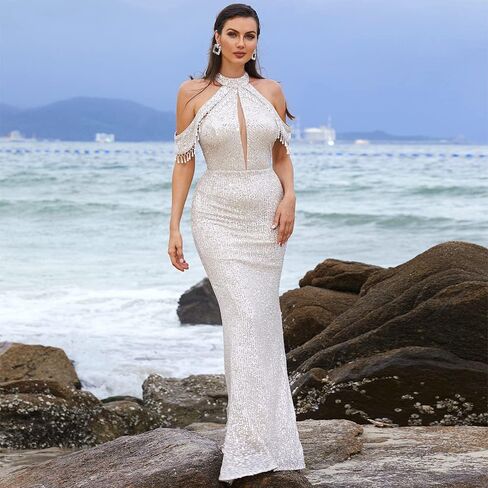 فستان Lin Lin Q نسائي رسمي طويل مزين بالترتر للحفلات الراقصة، فستان حورية البحر بدون ظهر مزين بشراشيب in Kuwait