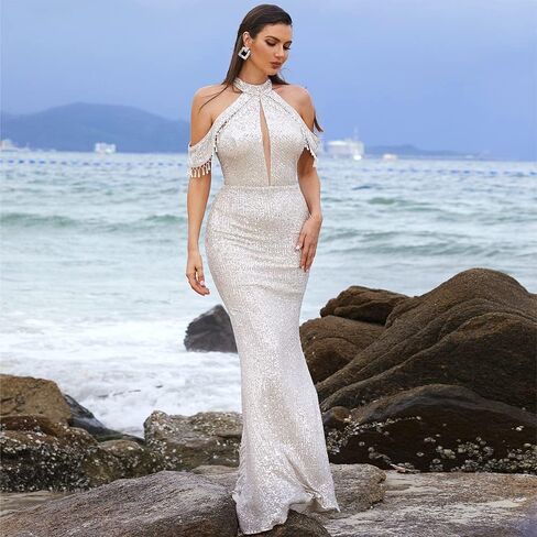 فستان Lin Lin Q نسائي رسمي طويل مزين بالترتر للحفلات الراقصة، فستان حورية البحر بدون ظهر مزين بشراشيب in Kuwait