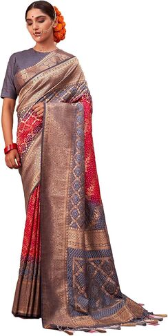 Saree for Women Raw Banarasi Art Silk Woven Bandhani Saree | Indian Diwali Wedding Gift Sari & Unstitched Blouse in Saudi Arabia
