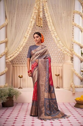 Saree for Women Raw Banarasi Art Silk Woven Bandhani Saree | Indian Diwali Wedding Gift Sari & Unstitched Blouse in Saudi Arabia