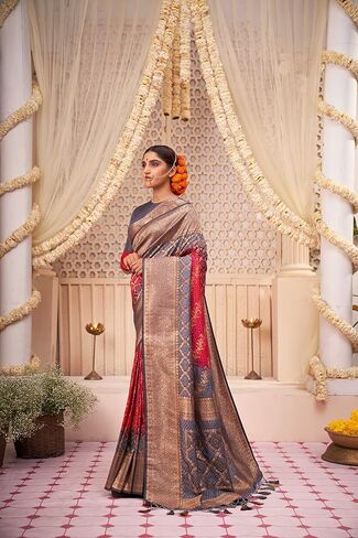 Saree for Women Raw Banarasi Art Silk Woven Bandhani Saree | Indian Diwali Wedding Gift Sari & Unstitched Blouse in Saudi Arabia