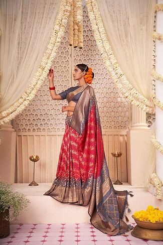 Saree for Women Raw Banarasi Art Silk Woven Bandhani Saree | Indian Diwali Wedding Gift Sari & Unstitched Blouse in Saudi Arabia