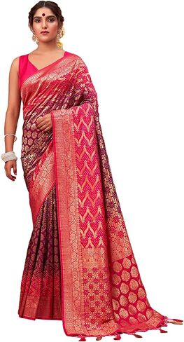 ساري للنساء من الحرير الخام المنسوج من Banarasi Art Bandhani Saree | هدية زفاف ديوالي الهندية ساري وبلوزة غير مخيطة in Kuwait