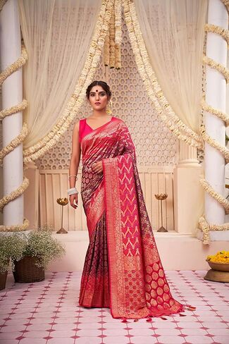 ساري للنساء من الحرير الخام المنسوج من Banarasi Art Bandhani Saree | هدية زفاف ديوالي الهندية ساري وبلوزة غير مخيطة in Kuwait