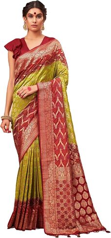 Saree for Women Raw Banarasi Art Silk Woven Bandhani Saree | Indian Diwali Wedding Gift Sari & Unstitched Blouse in Saudi Arabia