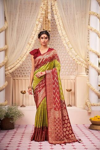 Saree for Women Raw Banarasi Art Silk Woven Bandhani Saree | Indian Diwali Wedding Gift Sari & Unstitched Blouse in Saudi Arabia