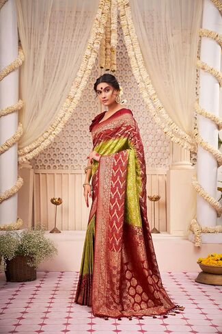 Saree for Women Raw Banarasi Art Silk Woven Bandhani Saree | Indian Diwali Wedding Gift Sari & Unstitched Blouse in Saudi Arabia