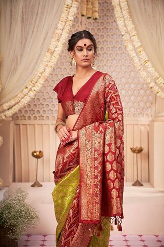 Saree for Women Raw Banarasi Art Silk Woven Bandhani Saree | Indian Diwali Wedding Gift Sari & Unstitched Blouse in Saudi Arabia