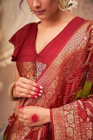 Saree for Women Raw Banarasi Art Silk Woven Bandhani Saree | Indian Diwali Wedding Gift Sari & Unstitched Blouse in Saudi Arabia