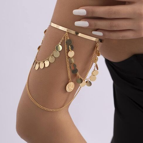 Missgrace Boho Dainty Sequins Gold Silver Chain شرابات الجزء العلوي من الذراع الكفة الذراع المفتوحة الكفة التفاف البوهيمي الطبقات عملة سوار الذراع أساور مجوهرات الزفاف للنساء in Kuwait