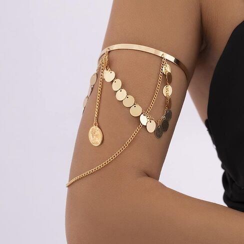 Missgrace Boho Dainty Sequins Gold Silver Chain شرابات الجزء العلوي من الذراع الكفة الذراع المفتوحة الكفة التفاف البوهيمي الطبقات عملة سوار الذراع أساور مجوهرات الزفاف للنساء in Kuwait