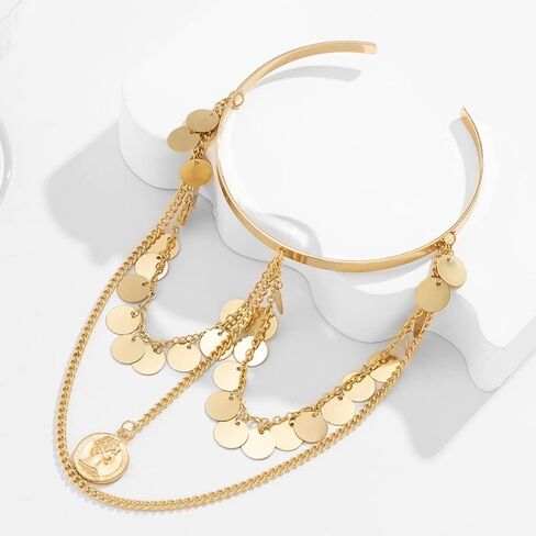 Missgrace Boho Dainty Sequins Gold Silver Chain شرابات الجزء العلوي من الذراع الكفة الذراع المفتوحة الكفة التفاف البوهيمي الطبقات عملة سوار الذراع أساور مجوهرات الزفاف للنساء in Kuwait