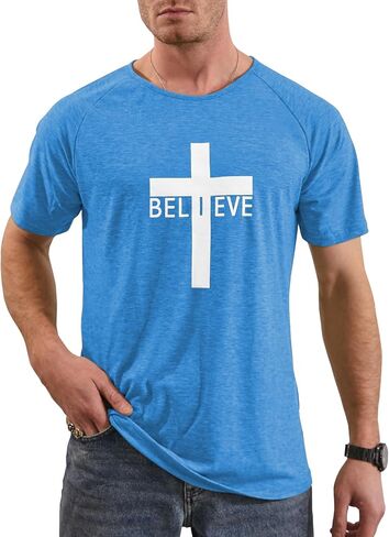 Men's Short Sleeve Fitted Gym T-Shirts with Believe Cross Graphic Christian Shirts in Saudi Arabia
