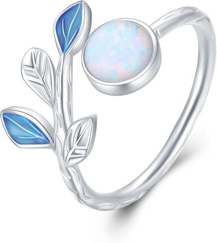 ConBo Leaf Opal Rings for Women 925 Sterling Silver Leaf Rings Adjustable Open Rings Hypoallergenic Jewelry Gifts for Girls Mom Christmas Birthday in Kuwait