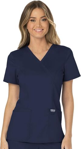 Cherokee Women Scrubs Set Workwear Revolution WW610 Mock Wrap Top & WW110 Mid Rise Straight Leg Pull-on Pant, Navy- 3XL Top / 3XL Pant in Saudi Arabia
