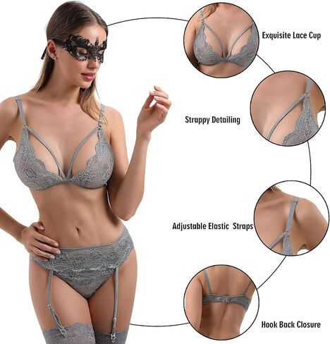 Women Lingerie Set Garter Belt with Stocking And Lace Eye Mask Grey in Kuwait