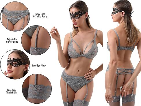 Women Lingerie Set Garter Belt with Stocking And Lace Eye Mask Grey in Kuwait