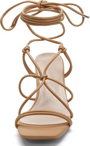 Coutgo Women's Chunky Heel Sandals Lace Up Heels Square Toe Strappy Straps Party Shoes in Saudi Arabia