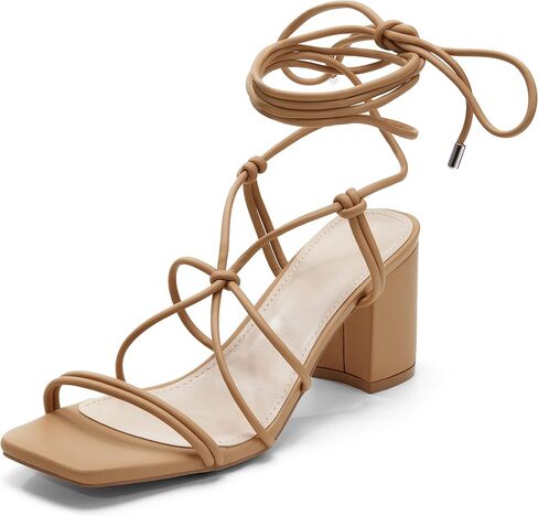 Coutgo Women's Chunky Heel Sandals Lace Up Heels Square Toe Strappy Straps Party Shoes in Saudi Arabia