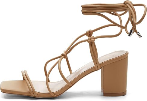Coutgo Women's Chunky Heel Sandals Lace Up Heels Square Toe Strappy Straps Party Shoes in Saudi Arabia