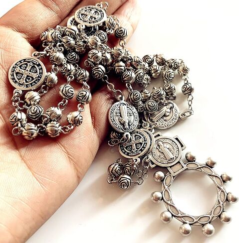 elegantmedical HANDMADE vintage silver rose beads Catholic St. Benedict Rosary Necklace Cross Gift Box Italy crucifix in Saudi Arabia