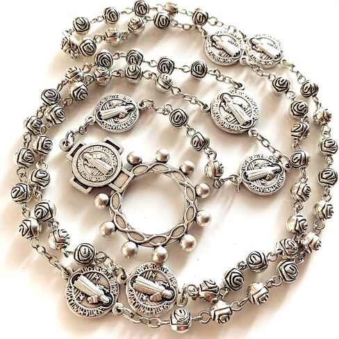 elegantmedical HANDMADE vintage silver rose beads Catholic St. Benedict Rosary Necklace Cross Gift Box Italy crucifix in Saudi Arabia
