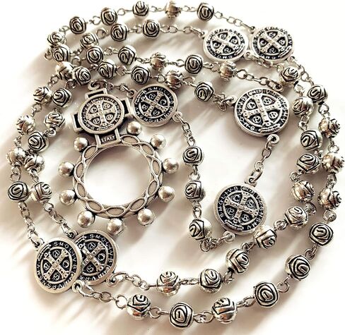 elegantmedical HANDMADE vintage silver rose beads Catholic St. Benedict Rosary Necklace Cross Gift Box Italy crucifix in Saudi Arabia