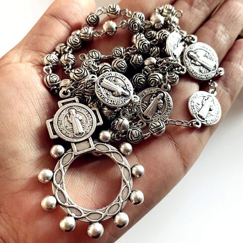 elegantmedical HANDMADE vintage silver rose beads Catholic St. Benedict Rosary Necklace Cross Gift Box Italy crucifix in Saudi Arabia