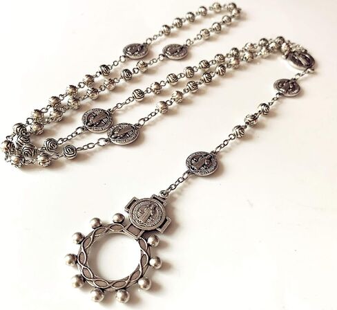 elegantmedical HANDMADE vintage silver rose beads Catholic St. Benedict Rosary Necklace Cross Gift Box Italy crucifix in Saudi Arabia