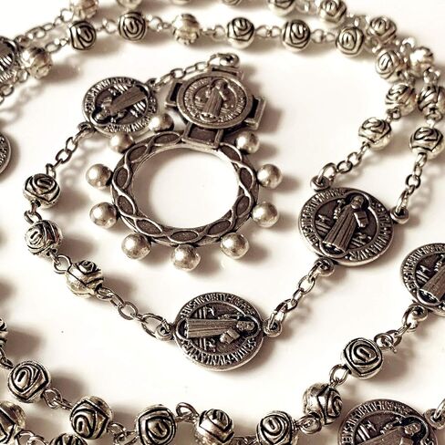 elegantmedical HANDMADE vintage silver rose beads Catholic St. Benedict Rosary Necklace Cross Gift Box Italy crucifix in Saudi Arabia