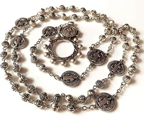 elegantmedical HANDMADE vintage silver rose beads Catholic St. Benedict Rosary Necklace Cross Gift Box Italy crucifix in Saudi Arabia