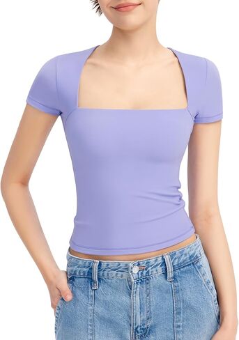 PUMIEY Women's Square Neck Going Out Tops Sexy Slim Fit Short Sleeve T Shirts Smoke Cloud Pro Collection in Saudi Arabia