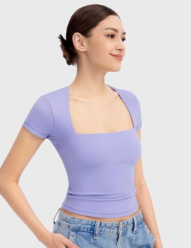 PUMIEY Women's Square Neck Going Out Tops Sexy Slim Fit Short Sleeve T Shirts Smoke Cloud Pro Collection in Saudi Arabia