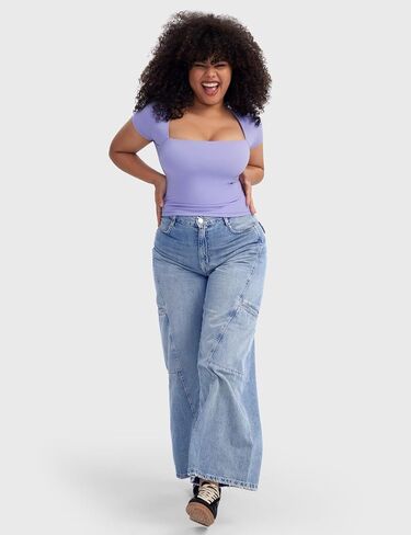 PUMIEY Women's Square Neck Going Out Tops Sexy Slim Fit Short Sleeve T Shirts Smoke Cloud Pro Collection in Saudi Arabia
