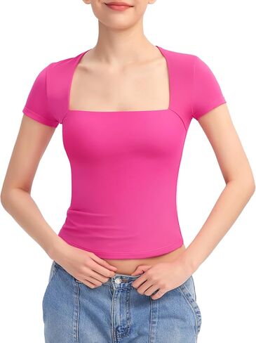 PUMIEY Women's Square Neck Going Out Tops Sexy Slim Fit Short Sleeve T Shirts Smoke Cloud Pro Collection in Saudi Arabia
