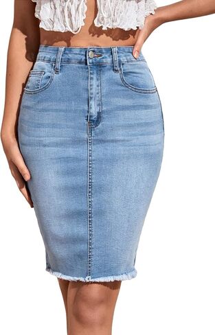 Floerns Women's Casual High Waist Raw Hem Bodycon Pencil Denim Skirt Blue Sky M in Saudi Arabia