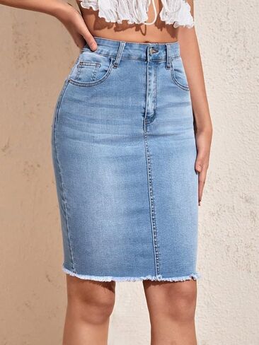 Floerns Women's Casual High Waist Raw Hem Bodycon Pencil Denim Skirt Blue Sky M in Saudi Arabia
