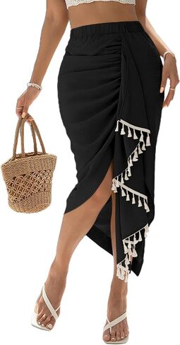 تنورة متوسطة الطول للسيدات من SOFIA'S Choice مزخرفة بشراشيب وخصر مرتفع وحاشية غير متماثلة in Kuwait