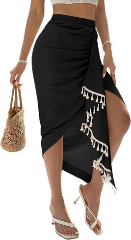 تنورة متوسطة الطول للسيدات من SOFIA'S Choice مزخرفة بشراشيب وخصر مرتفع وحاشية غير متماثلة in Kuwait