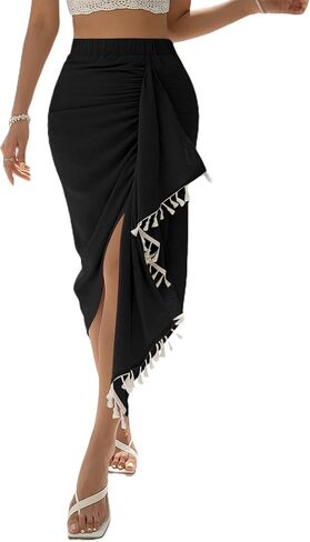 تنورة متوسطة الطول للسيدات من SOFIA'S Choice مزخرفة بشراشيب وخصر مرتفع وحاشية غير متماثلة in Kuwait