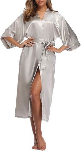 Women's Long Satin Robes Silky Kimono Bathrobe Bride Bridesmaids Sleepwear Dressing Gown with Pockets in Saudi Arabia