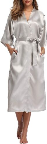 Women's Long Satin Robes Silky Kimono Bathrobe Bride Bridesmaids Sleepwear Dressing Gown with Pockets in Saudi Arabia