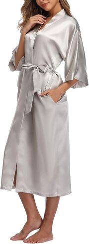 Women's Long Satin Robes Silky Kimono Bathrobe Bride Bridesmaids Sleepwear Dressing Gown with Pockets in Saudi Arabia
