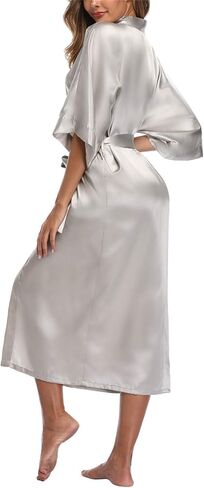 Women's Long Satin Robes Silky Kimono Bathrobe Bride Bridesmaids Sleepwear Dressing Gown with Pockets in Saudi Arabia