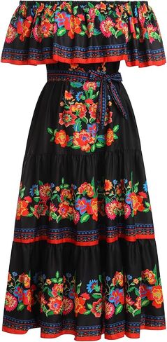 Women Traditional Mexican Dress Off Shoulder Floral Fiesta Folklorico Dresses Tropical Bohemian Maxi Long Sundress in Saudi Arabia