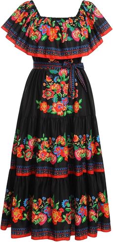 Women Traditional Mexican Dress Off Shoulder Floral Fiesta Folklorico Dresses Tropical Bohemian Maxi Long Sundress in Saudi Arabia