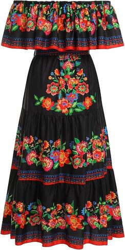 Women Traditional Mexican Dress Off Shoulder Floral Fiesta Folklorico Dresses Tropical Bohemian Maxi Long Sundress in Saudi Arabia