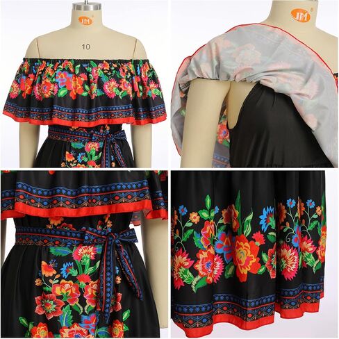 Women Traditional Mexican Dress Off Shoulder Floral Fiesta Folklorico Dresses Tropical Bohemian Maxi Long Sundress in Saudi Arabia