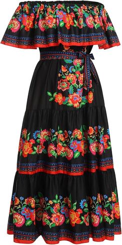 Women Traditional Mexican Dress Off Shoulder Floral Fiesta Folklorico Dresses Tropical Bohemian Maxi Long Sundress in Saudi Arabia